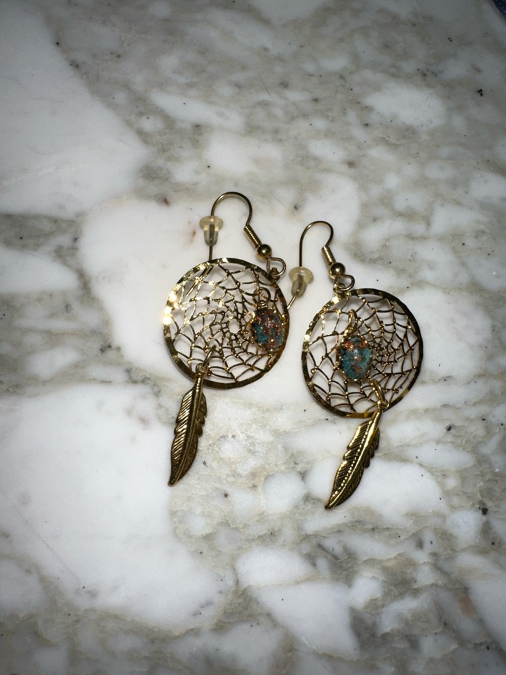 Gold Dreamcatcher Feather Drop Earrings with Turquoise Accent